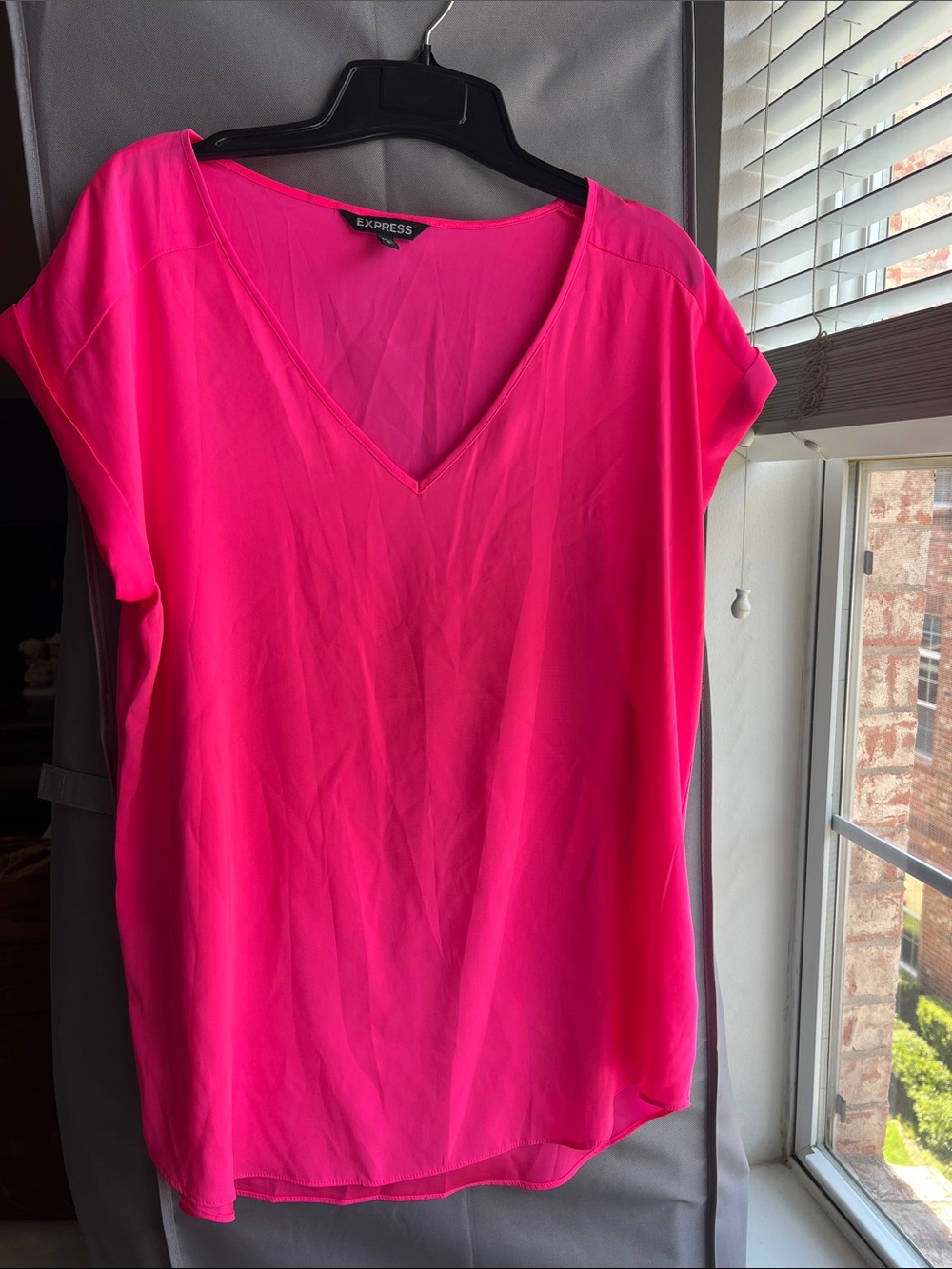 Express Women’s V-Neck Short Sleeve Blouse in Hot Pink